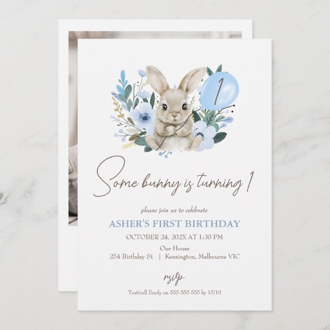 Floral Blue Photo Bunny Is Turning One Birthday Invitation (Front/Back)
