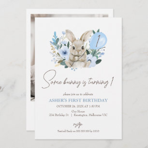 Floral Blue Photo Bunny Is Turning One Birthday Invitation