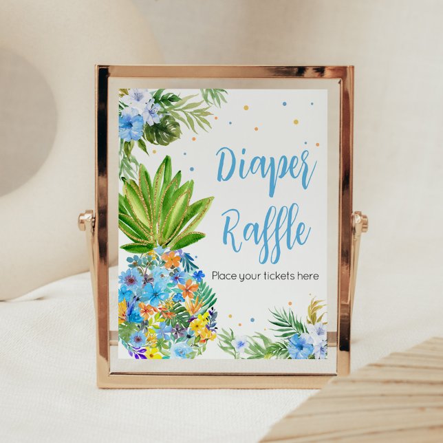Floral Blue Pineapple Baby Shower Diaper Raffle Poster (Blue Gold Pineapple Baby Shower Diaper Raffle Sign)