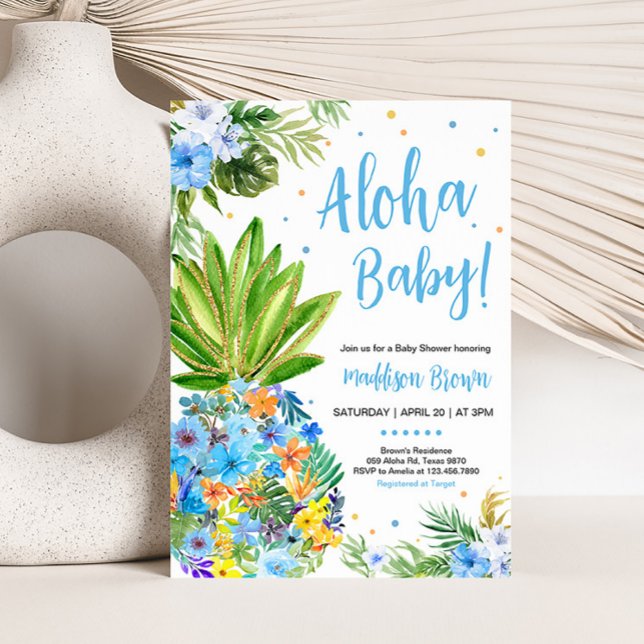 Floral Blue Pineapple Baby Shower Invitation (Blue Gold Pineapple Baby Shower Invitation)