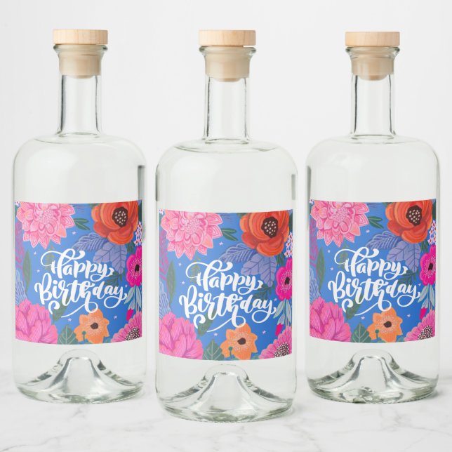 Floral Blue Pink Birthday Party Liquor Bottle Label (Bottles)