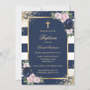 Floral Blue Pink Gold Cross Elegant Baptism Invitation