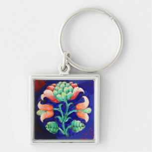 FLORAL , blue pink green Key Ring