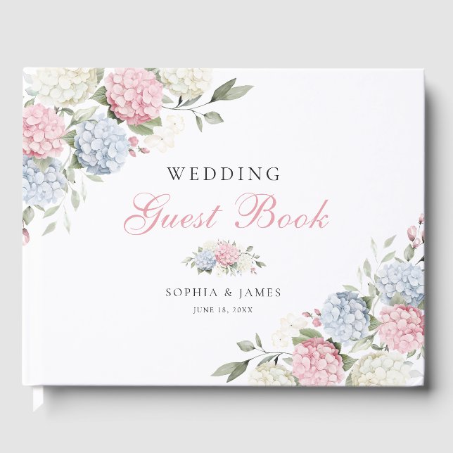 Floral Blue Pink Hydrangea Greenery Wedding Guest Book (Front)