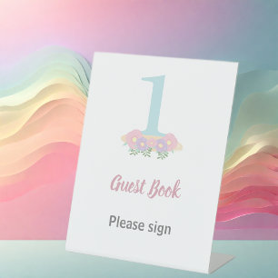  Floral blue, pink pastel 1st Birthday Guest Book  Pedestal Sign