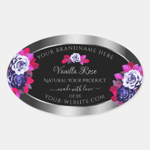Floral Blue Pink Roses Product Labels Black Silver
