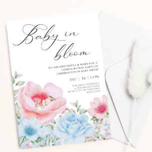 Floral blue pink watercolor gender reveal invite