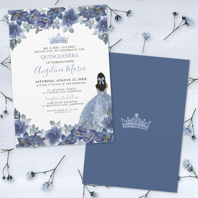 Floral Blue Quinceanera Invitation (Floral Blue Quinceanera Invitation)