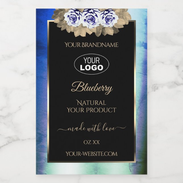 Floral Blue Roses Marble Product Labels Logo Black (Single Label)