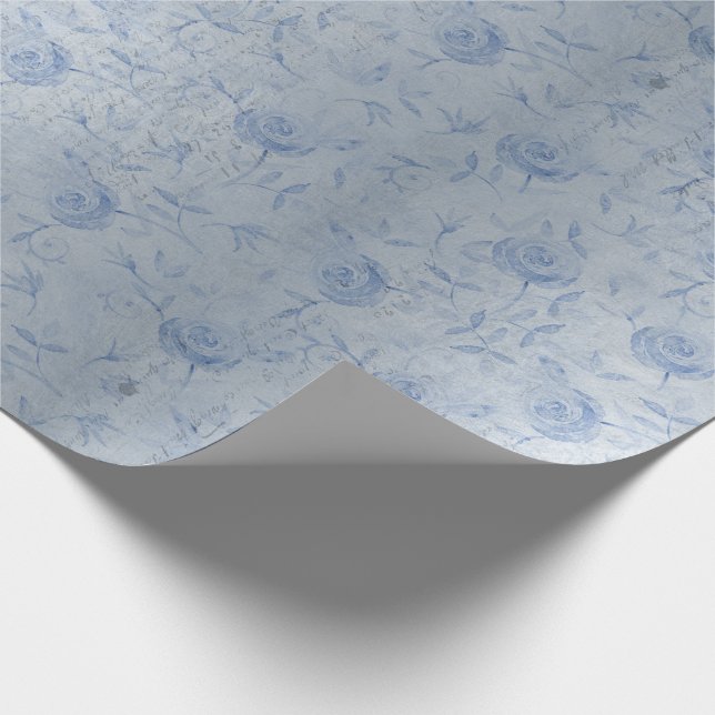 Floral Blue Roses Silver Shimmer Chic Wrapping Paper (Corner)