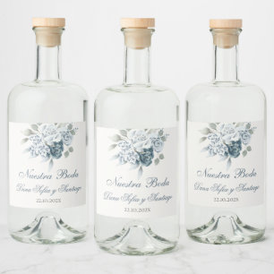Floral Blue Spanish Wedding Liquor Bottle Label