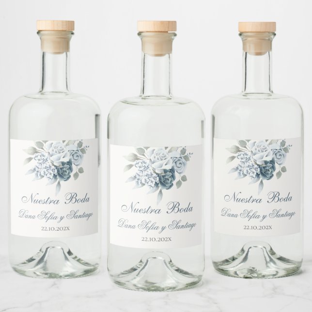 Floral Blue Spanish Wedding Liquor Bottle Label (Bottles)