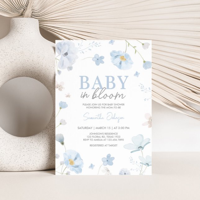 Floral Blue Spring Baby in Bloom Baby Shower Invitation (Blue Spring Floral Baby in Bloom Baby Shower Invitation)