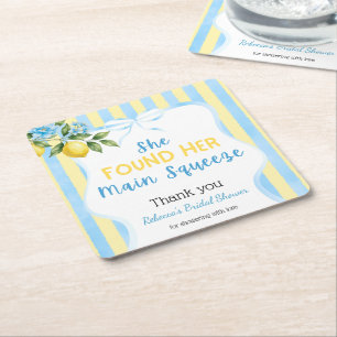 Floral Blue Stripe Main Squeeze Bridal Shower Square Paper Coaster