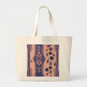 Floral Blue Stripes AI art Large Tote Bag