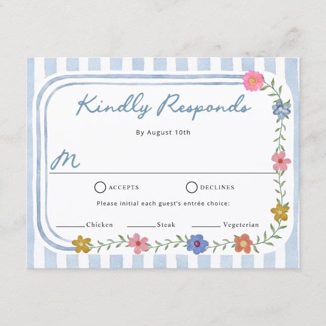 Floral Blue Stripes RSVP Cards (Front)