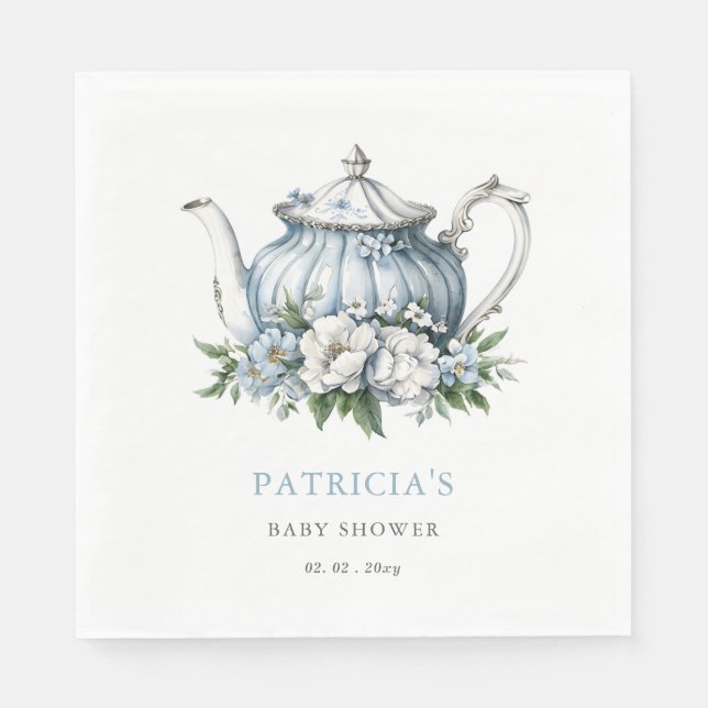 Floral Blue Tea Party Boy Baby Shower  Napkin (Front)