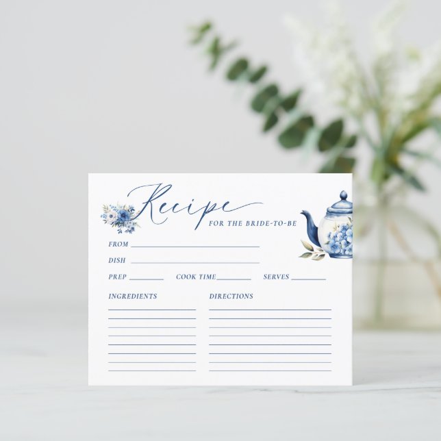 Floral Blue Tea Party Bridal Shower Recipe Card (Standing Front)
