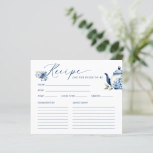 Floral Blue Tea Party Bridal Shower Recipe Card
