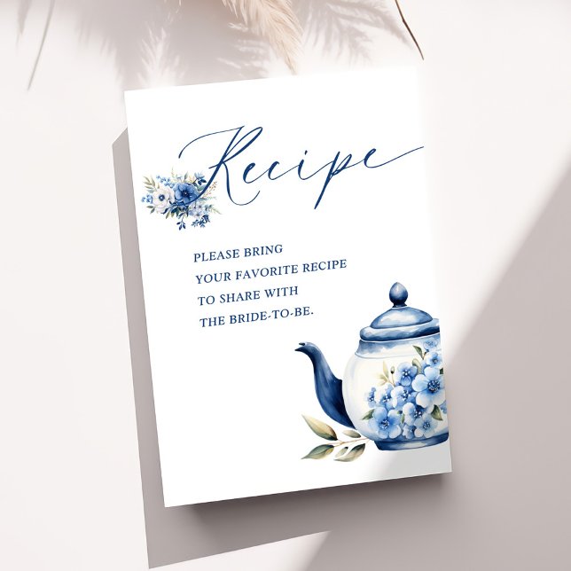 Floral Blue Tea Party Bridal Shower Recipe Enclosure Card (Creator Uploaded)