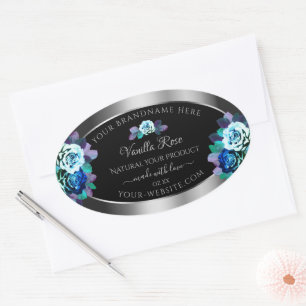 Floral Blue Teal Roses Product Labels Black Silver