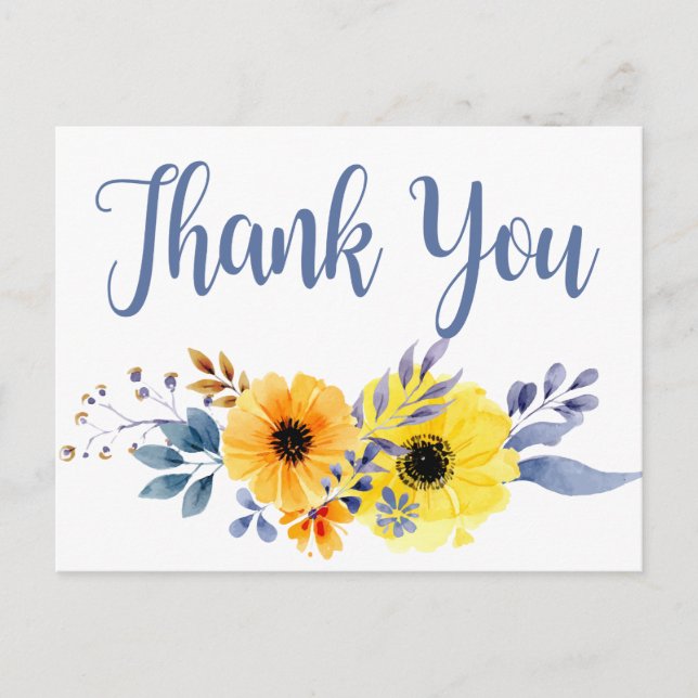 Floral Blue Thank You Yellow  Watercolor Flowers Postcard (Front)