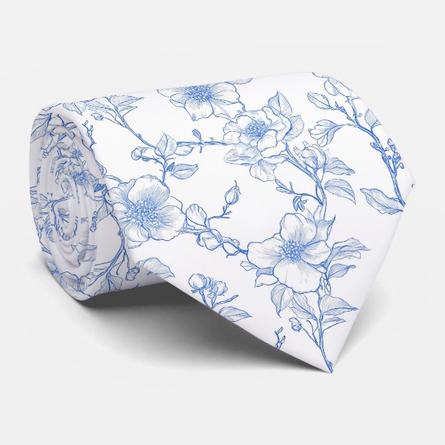 Floral blue toile tie (Rolled)