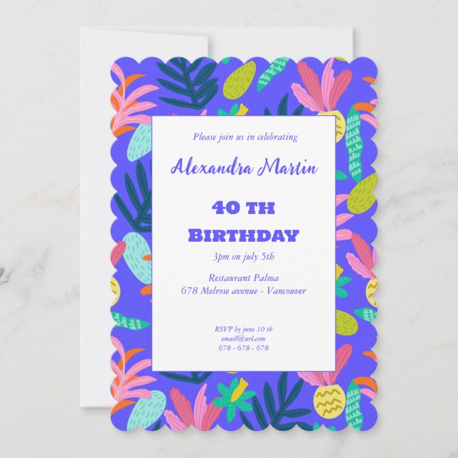 Floral blue tropical pretty pineapples 40th invitation (Front)