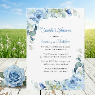 Floral Blue Watercolor Roses Couples Bridal Shower Invitation