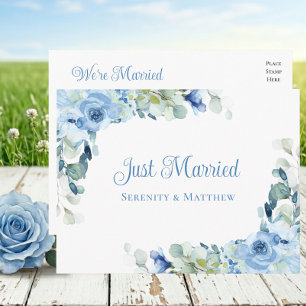 Floral Blue Watercolor Roses Just Married Wedding Announcement Postcard