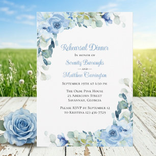 Floral Blue Watercolor Roses Rehearsal Dinner Invitation