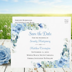Floral Blue Watercolor Roses Save the Date Wedding Announcement Postcard