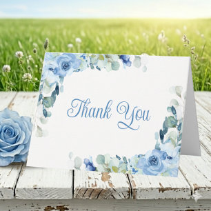 Floral Blue Watercolor Roses Wedding Thank You Card
