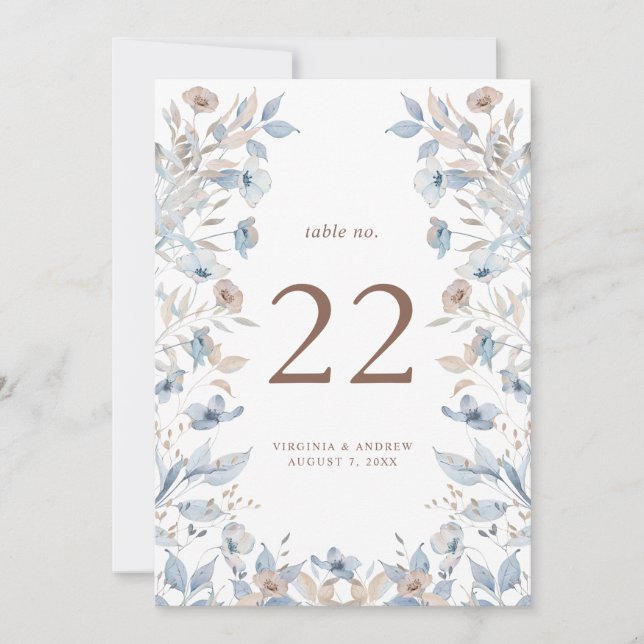 Floral Blue Wedding Table Number (Front)