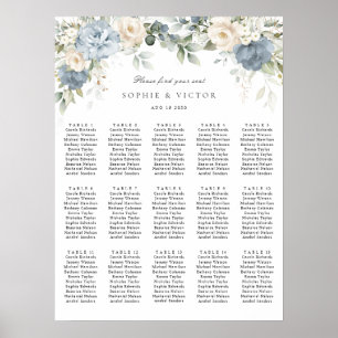 Floral Blue White 15 Tables Wedding Seating Chart