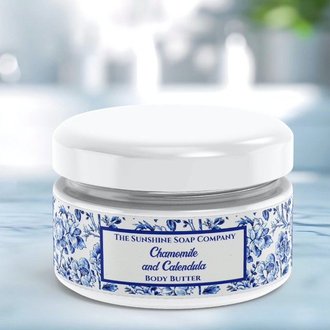 Floral Blue White Cosmetics jar label 1 x 7.25 (Creator Uploaded)
