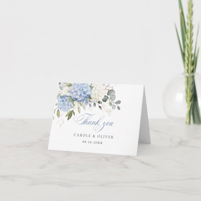 Floral Blue White Hydrangea Greenery Wedding Thank You Card (Front)