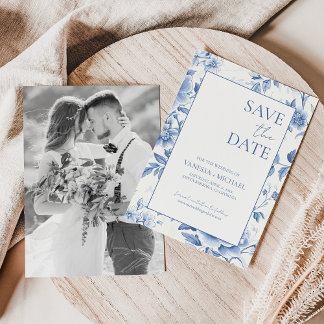 Floral Blue White Toile De Jouy Photo Save The Date