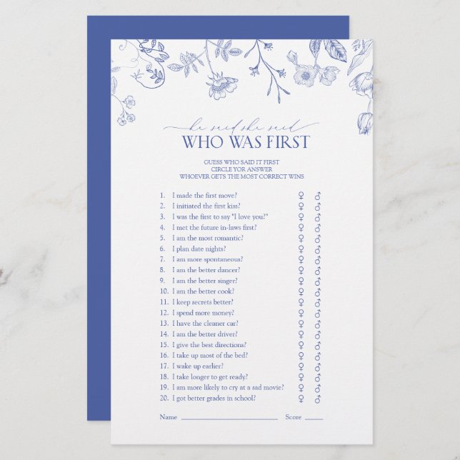 Floral Blue & White Victorian Bridal Shower Game (Front/Back)