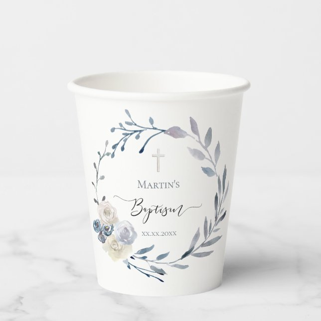 floral blue wreath Baptism Paper cup (Front)