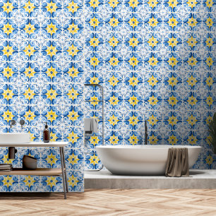 Floral Blue Yellow Mediterranean Tile Design Wallpaper