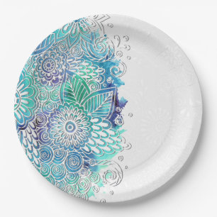 Floral Blues Watercolor Paper Plate