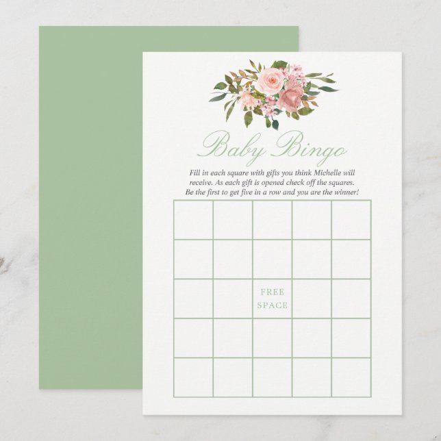 Floral Blush and Sage Baby Shower Baby Bingo Invitation (Front/Back)