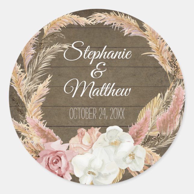 Floral Blush Boho Pampas Palm Rustic Wood Wedding Classic Round Sticker (Front)