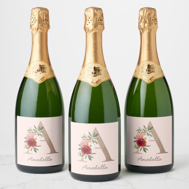 Floral blush bouquet personalised letter " A" Sparkling Wine Label (Bottles)
