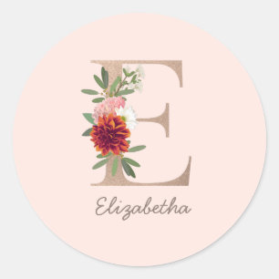 Floral blush bouquet personalised letter " E" Classic Round Sticker