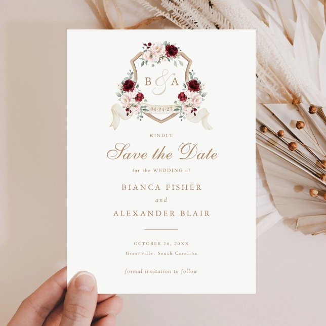 Floral Blush Burgundy Crest Wedding Save the Date Invitation (Creator Uploaded)