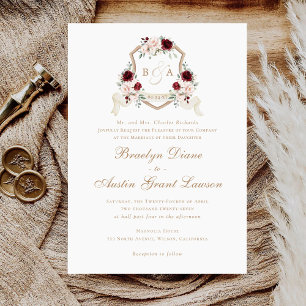 Floral Blush Burgundy Monogram Crest Wedding Invitation