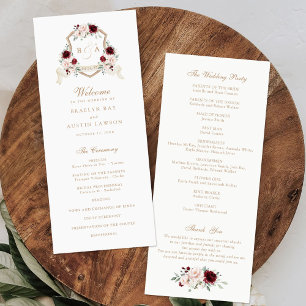 Floral Blush Burgundy Monogram Crest Wedding Programme