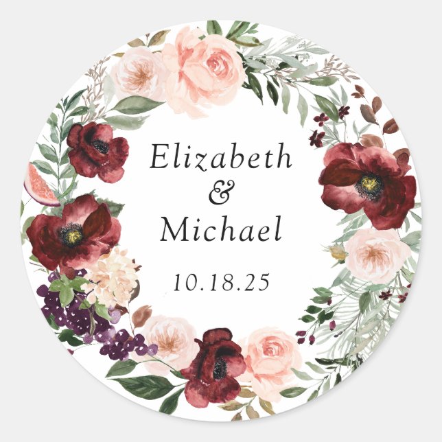 Floral Blush Burgundy Poppy Greenery Classic Round Sticker (Front)